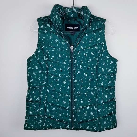 Lands' End Evergreen Bandana Paisley Puffer Down Vest NWT size Small - Picture 1 of 10